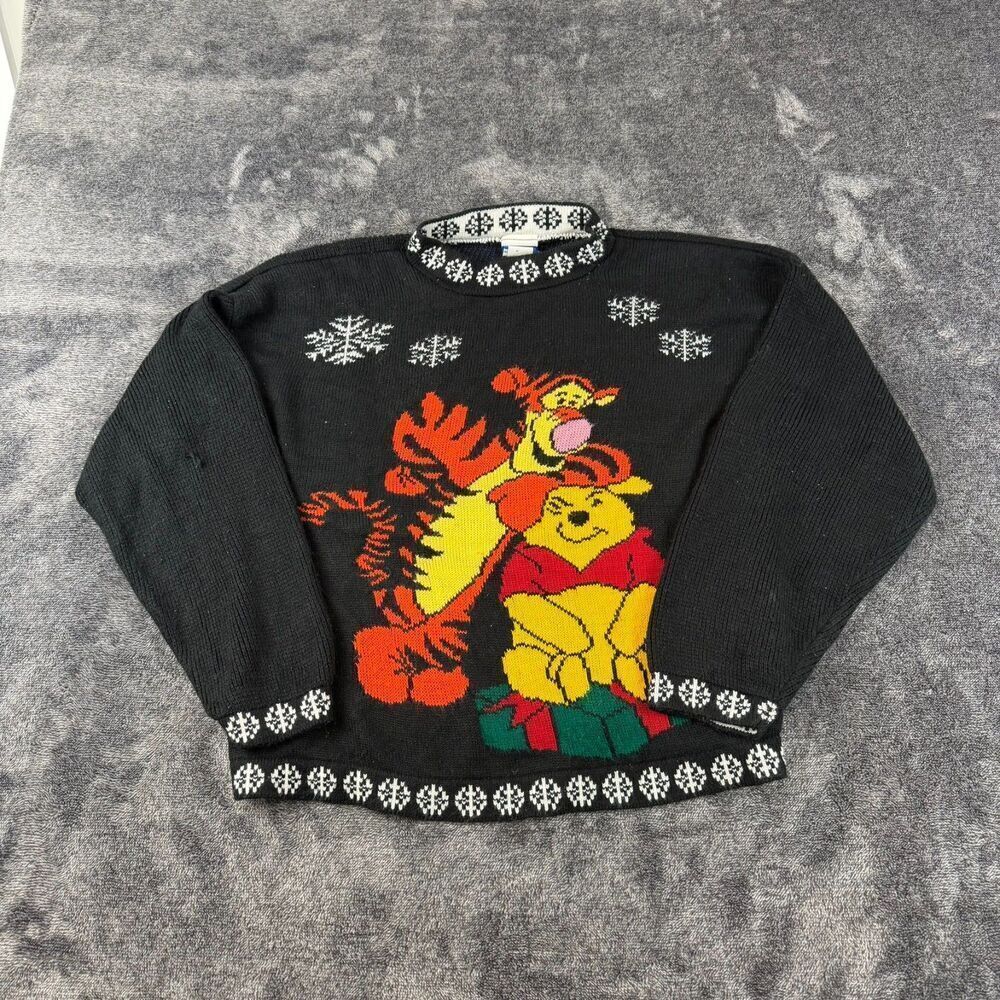 Vtg Disney Knitted Pooh Tiger Crewneck Sweater Women's L Snowflake USA*Read